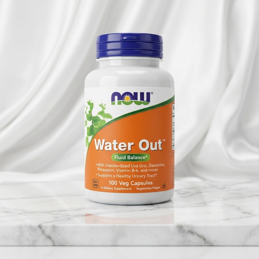 Supplement bottle labeled 'Water Out' on a marble surface with white curtain background